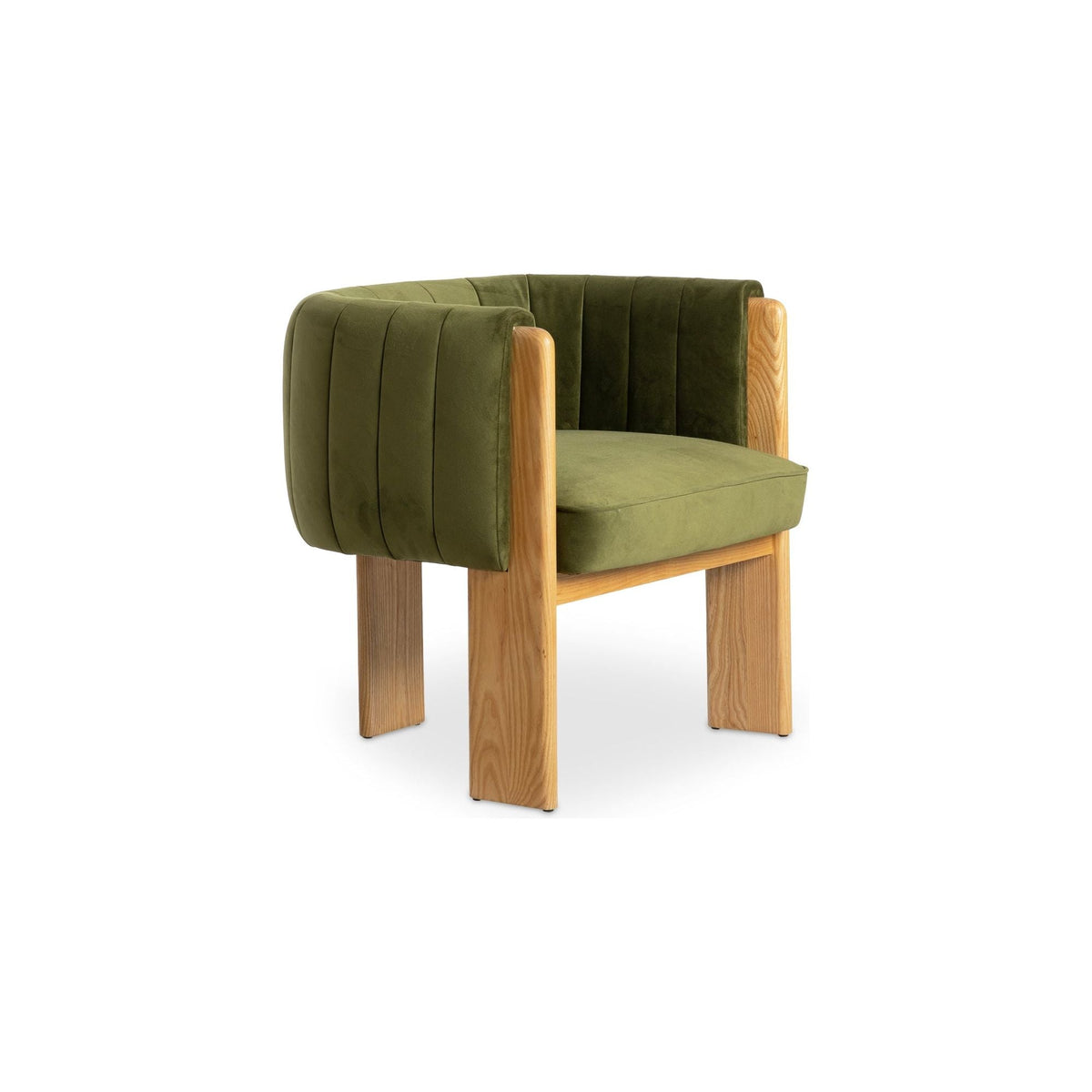 Fauteuil moderne rembourré en tissu vert olive et cadre en bois pour salon