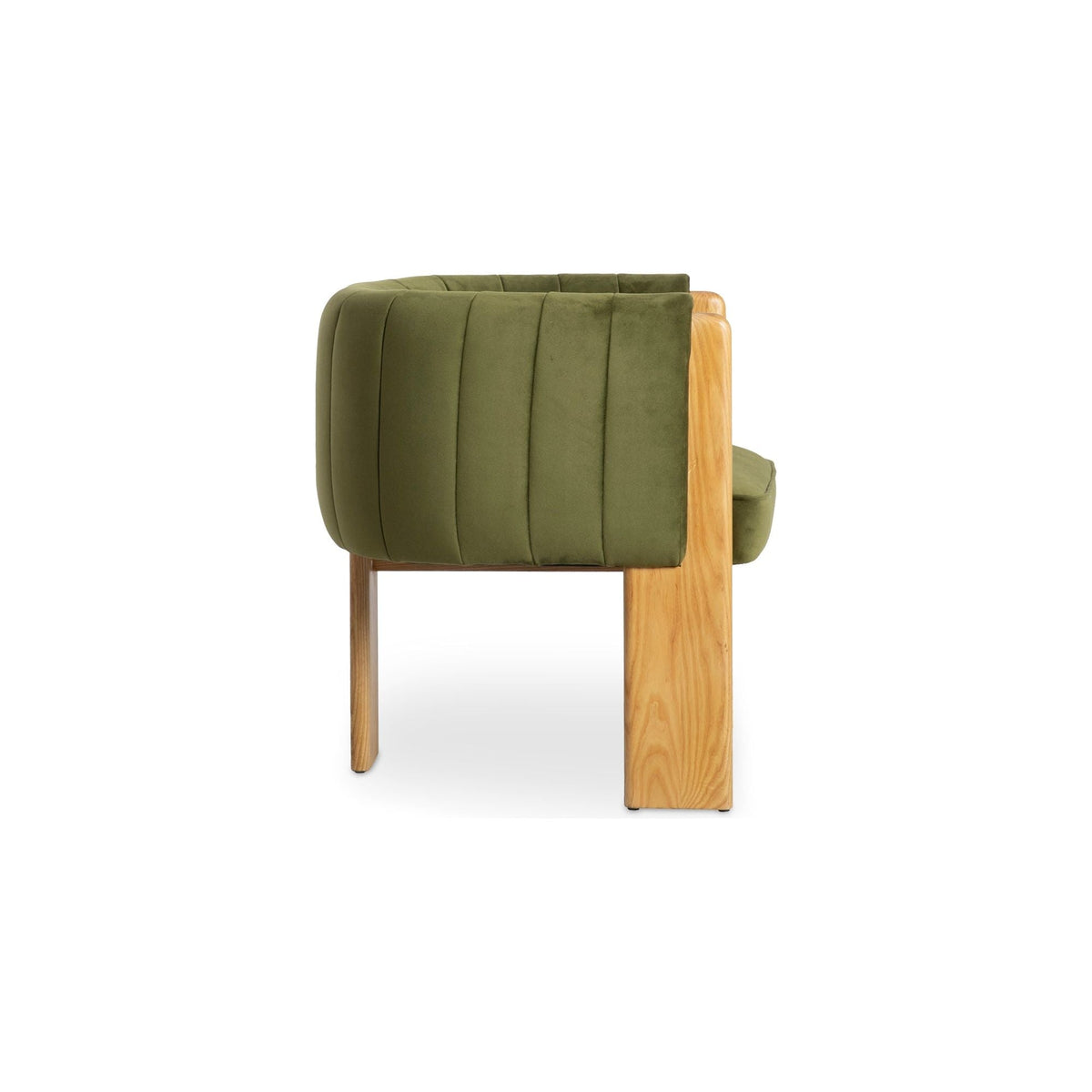 Fauteuil moderne rembourré en tissu vert olive et cadre en bois pour salon