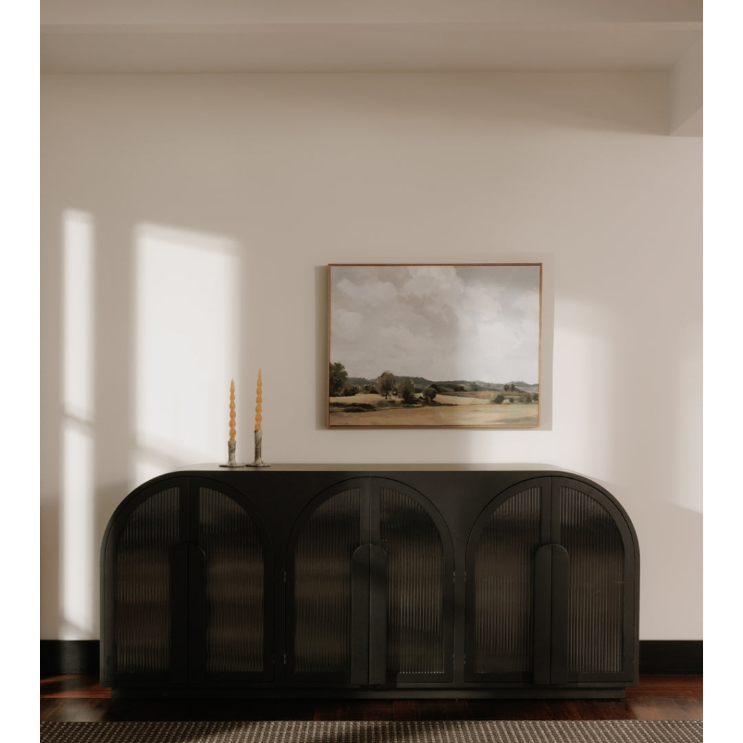 Vaisselier de salle à manger moderne en verre noir et bois avec de multiples portes de rangement