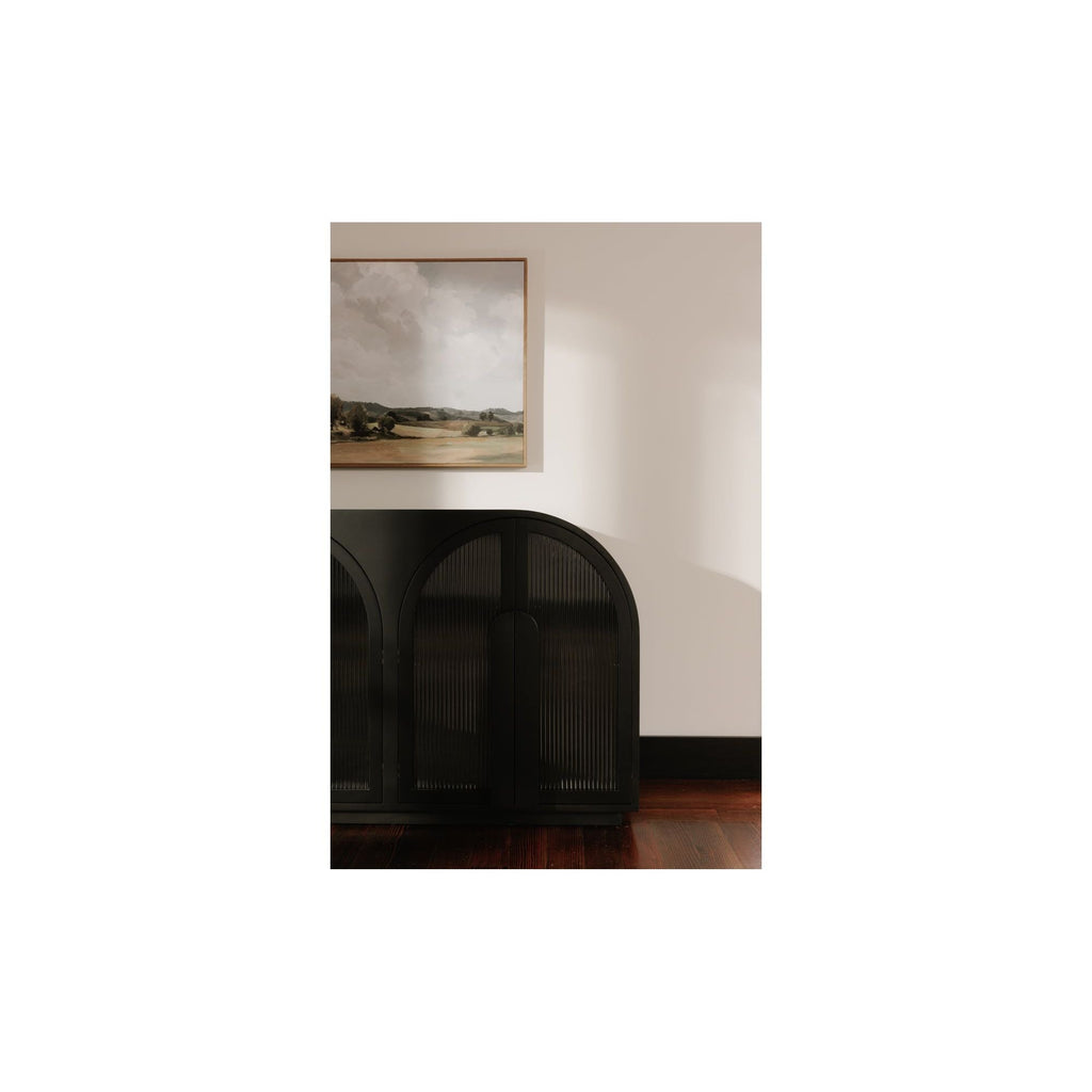 Vaisselier de salle à manger moderne en verre noir et bois avec de multiples portes de rangement