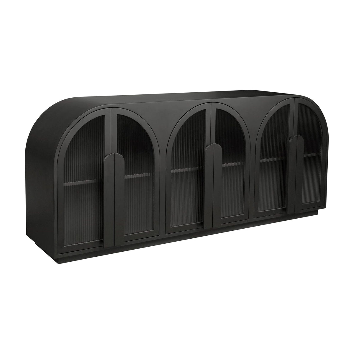 Vaisselier de salle à manger moderne en verre noir et bois avec de multiples portes de rangement