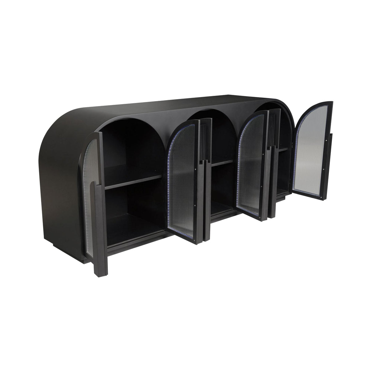 Vaisselier de salle à manger moderne en verre noir et bois avec de multiples portes de rangement