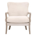 Fauteuil à oreilles en fausse fourrure de style transitionnel avec accoudoirs en bois apparent et coussin en duvet pour salon