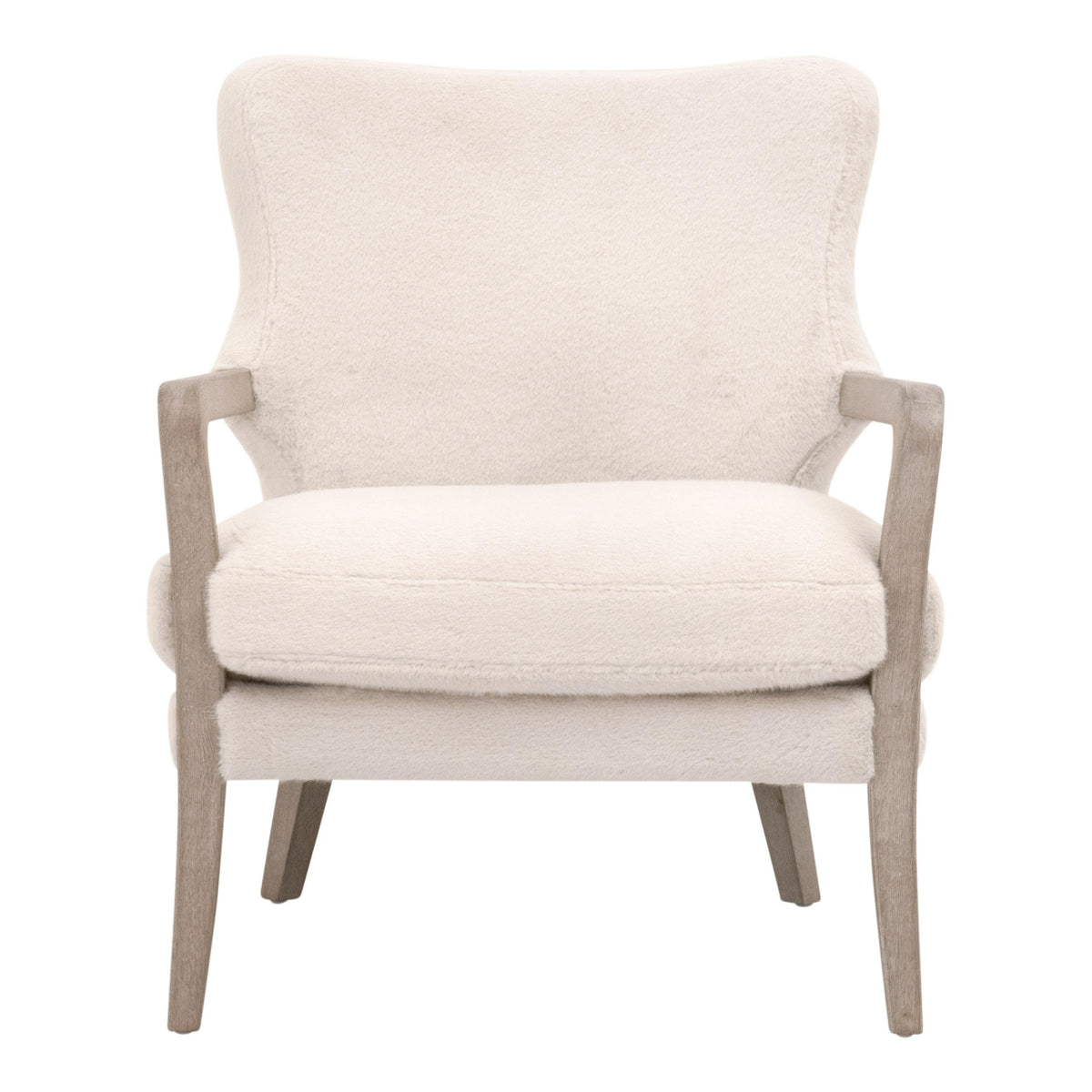 Fauteuil à oreilles en fausse fourrure de style transitionnel avec accoudoirs en bois apparent et coussin en duvet pour salon