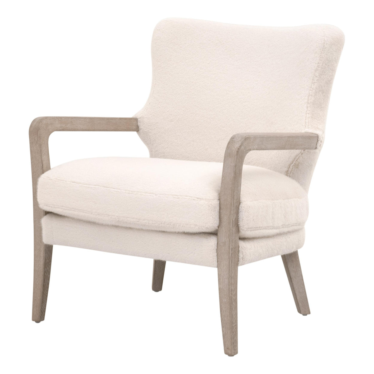 Fauteuil à oreilles en fausse fourrure de style transitionnel avec accoudoirs en bois apparent et coussin en duvet pour salon