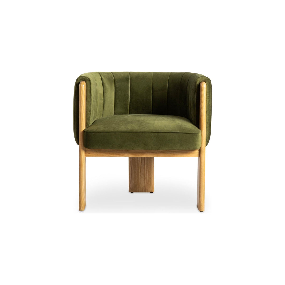Fauteuil moderne rembourré en tissu vert olive et cadre en bois pour salon