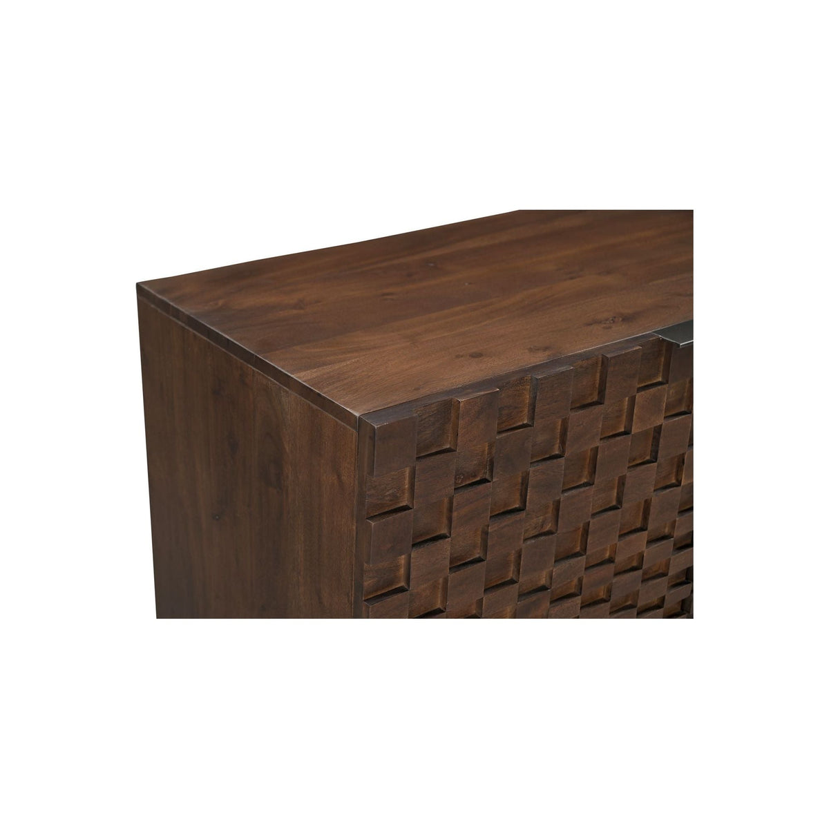 Bois d'acacia massif du milieu du siècle avec texture géométrique et étagères réglables pour salle à manger