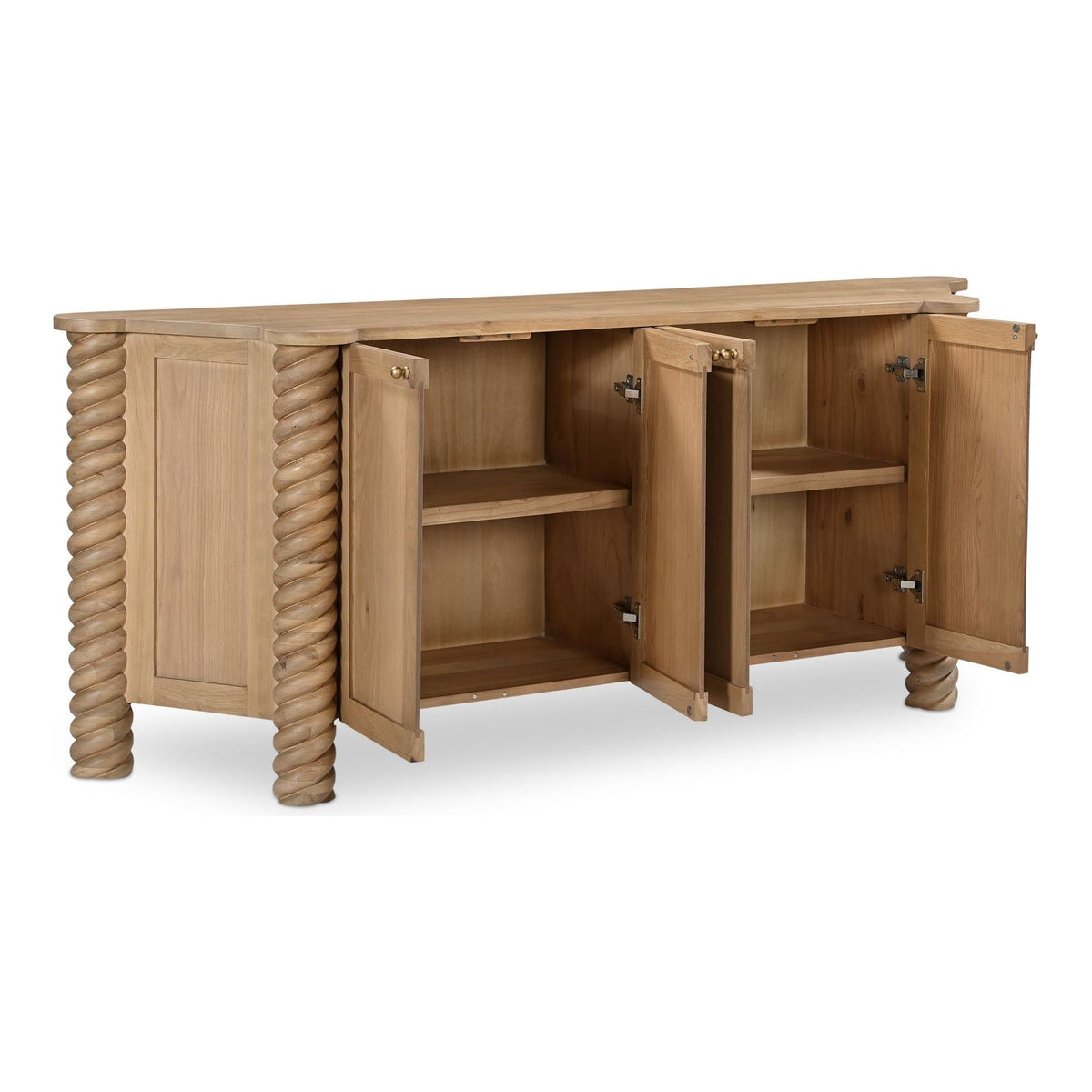 Bois de neem contemporain avec pieds tournés tressés et étagères intérieures pour salle à manger