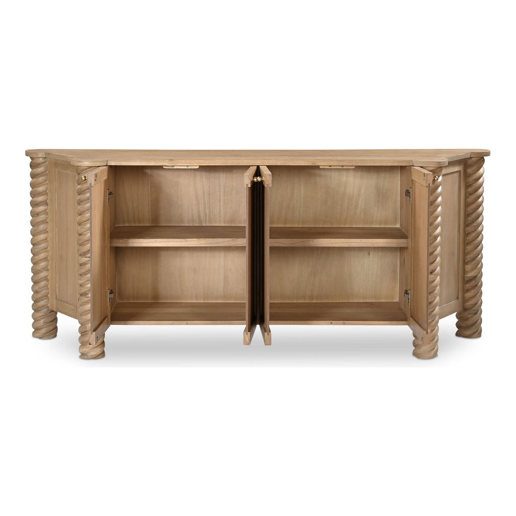 Bois de neem contemporain avec pieds tournés tressés et étagères intérieures pour salle à manger