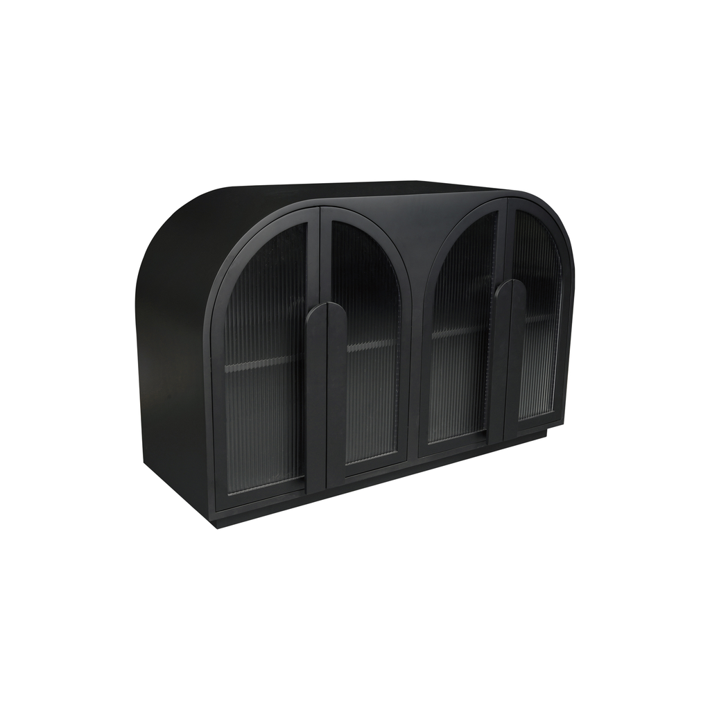 Vitrine moderne en bois noir et verre avec rangement à portes multiples pour salle à manger