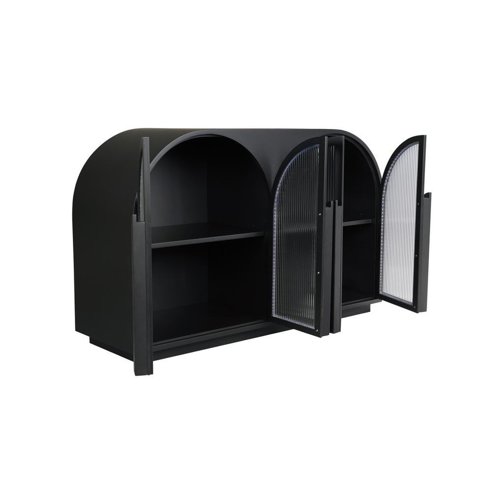 Vitrine moderne en bois noir et verre avec rangement à portes multiples pour salle à manger