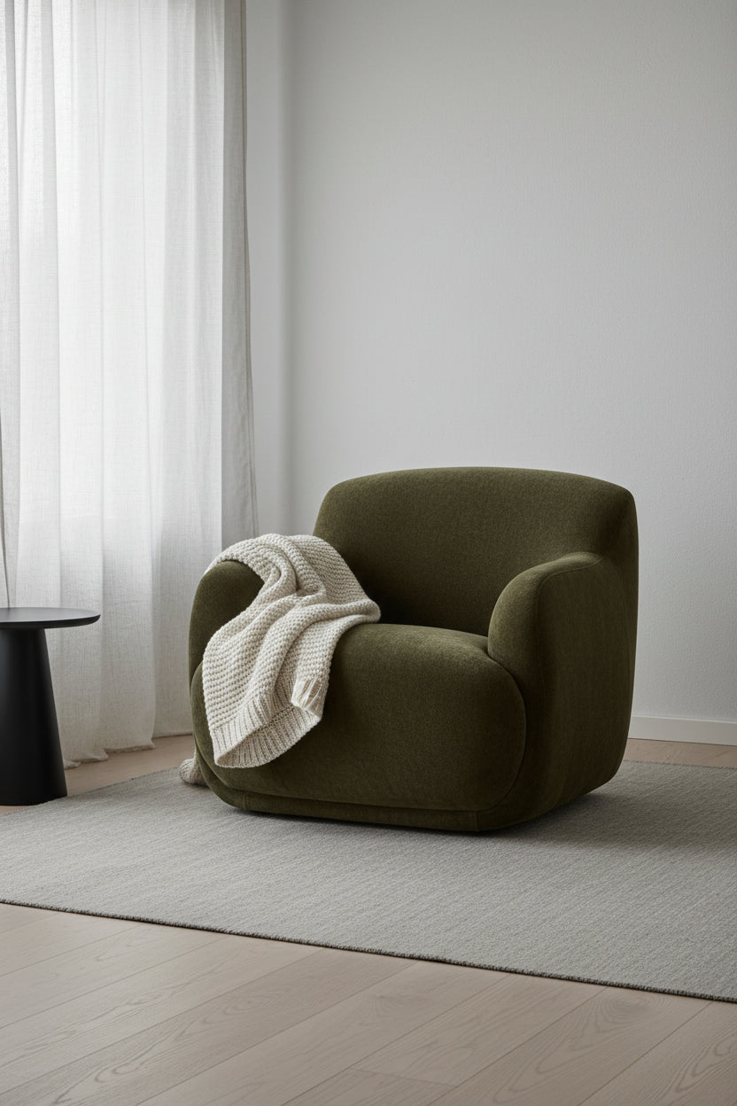 Fauteuil moderne en polyester à dossier haut, accoudoirs arrondis et assise en mousse/fibre pour salon