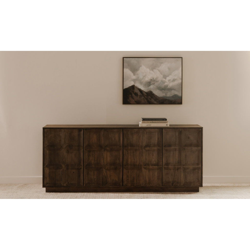 Buffet minimaliste en bois de manguier massif avec 4 portes de rangement et étagères réglables pour salle à manger