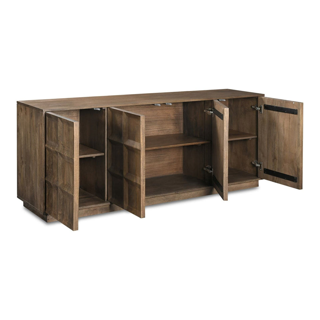 Buffet minimaliste en bois de manguier massif avec 4 portes de rangement et étagères réglables pour salle à manger