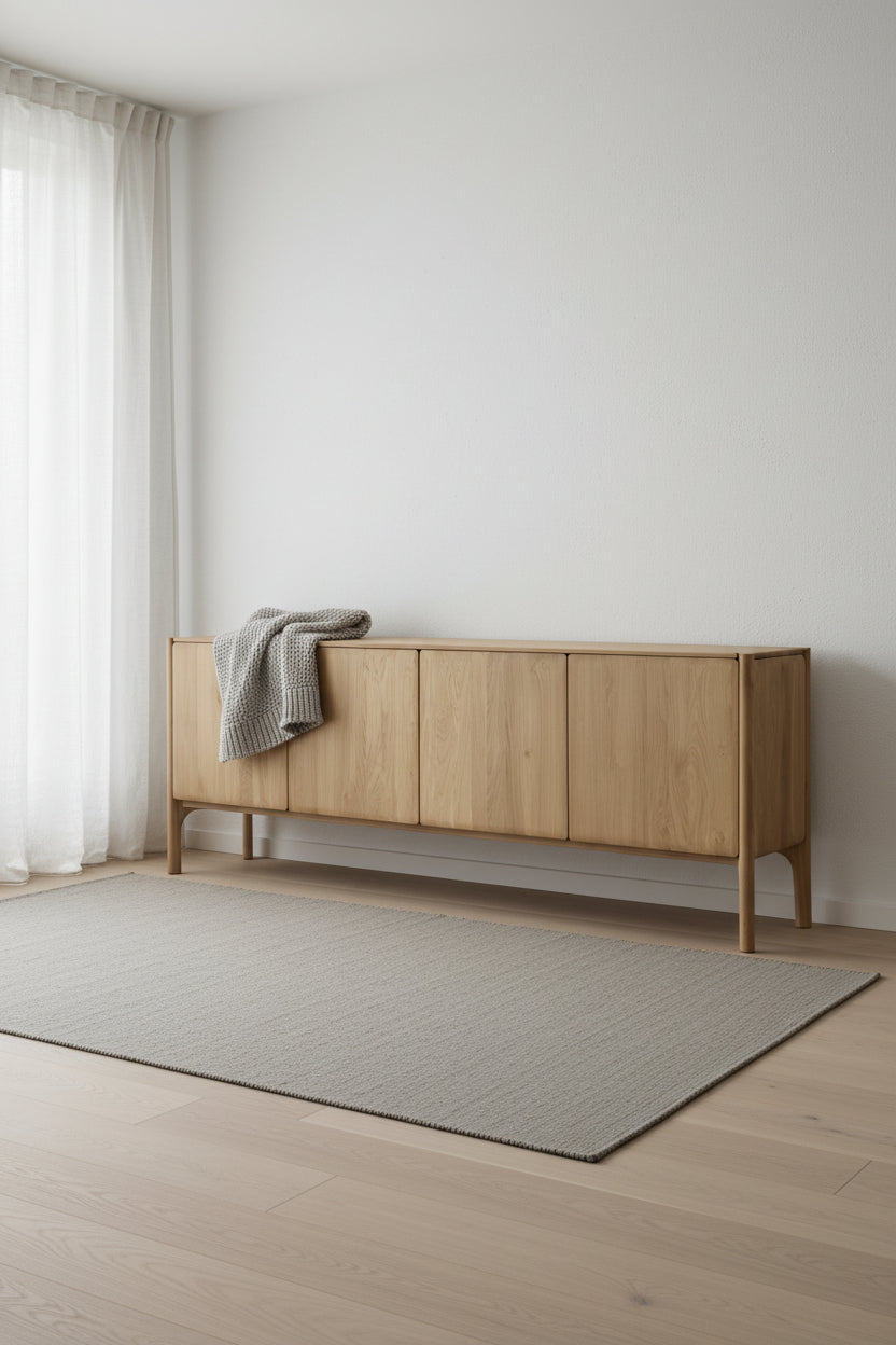 Bois de teck et style scandinave, avec profil fin et plusieurs options de largeur pour la salle à manger